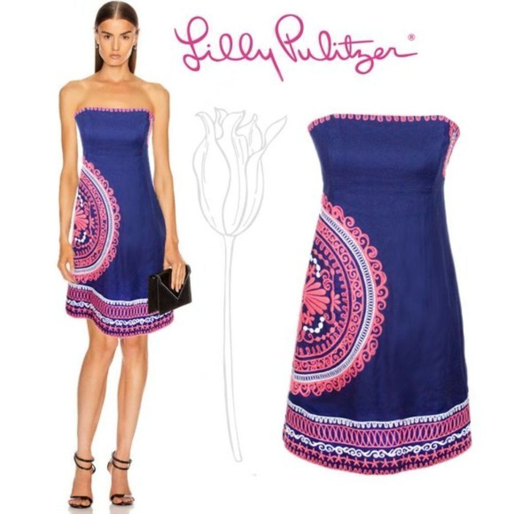 Lilly Pulitzer Blue Mandala Mini Dress Strapless Embroidered Floral Navy Pink 6‎